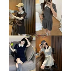 批发学院风POLO领短袖针织衫女春秋新款高腰百褶裙两件套