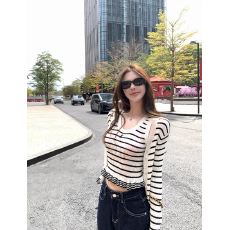 批发法式气质小香风条纹显瘦减龄<b class='q'>针织</b><b class='q'>开衫</b>＋修身条纹背心辣妹两件套女