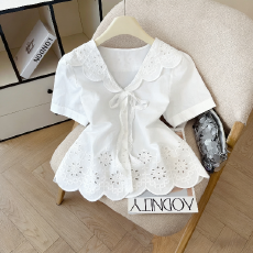 批发法式甜美风镂空蕾丝花边<b class='q'>娃娃领</b>白<b class='q'>衬衫</b>女系带减龄长袖<b class='q'>衬衣</b>上衣