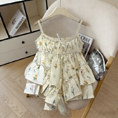 批发甜美荷叶边蝴蝶结碎花吊带背心女<b class='q'>夏</b>季慵懒休闲蕾丝设计感拼接上衣