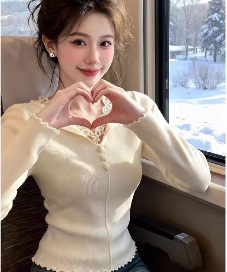 달콤한 스타일 레이스 조각 V넥 프릴 니트 스웨터 여성 봄 가을 새로운 슬림해 보이는 기본 셔츠 디자인 센스 맨위