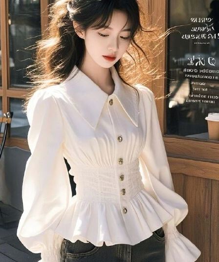 달콤함 부드러운 바람 화이트 고급 센스 긴팔 여성 셔츠 봄 가을 새로운 프랑스식 허리 수축 슬림해 보이는 패션 맨위