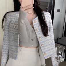 批发温柔奶蓝色珍珠扣小香风羊毛呢外套<b class='q'>女</b>秋季粗花呢编织短款西装上衣