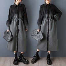 批发实拍秋新款宽松大码印花网纱拼接休闲<b class='q'>甜美</b>长袖衬衫连衣裙