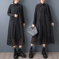 批发实拍夏新款宽松大码印花网纱拼接休闲甜美长袖<b class='q'>衬衫</b>连衣裙