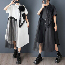 批发实拍夏新款宽松<b class='q'>大码</b>印花网纱拼接休闲甜美短袖衬衫<b class='q'>连衣裙</b>