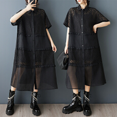 批发实拍春秋新款宽松<b class='q'>大码</b>印花网纱拼接休闲甜美短袖衬衫<b class='q'>连衣裙</b>