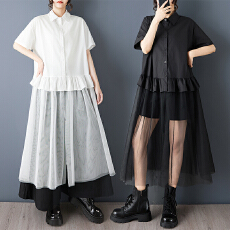 批发实拍春秋新款宽松<b class='q'>大码</b>印花网纱拼接休闲甜美短袖衬衫<b class='q'>连衣裙</b>