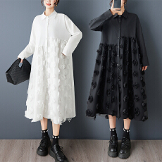 批发实拍春秋新款宽松<b class='q'>大码</b>印花网纱拼接休闲甜美长袖衬衫<b class='q'>连衣裙</b>