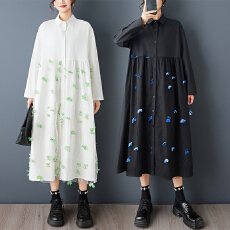 批发实拍春秋新款宽松<b class='q'>大码</b>印花网纱拼接休闲甜美长袖衬衫<b class='q'>连衣裙</b>