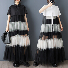 批发实拍春秋新款宽松大码<b class='q'>印花</b>网纱拼接休闲甜美短袖衬衫<b class='q'>连衣裙</b>