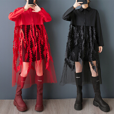 批发实拍春秋新款宽松大码<b class='q'>印花</b>网纱拼接休闲甜美长袖衬衫<b class='q'>连衣裙</b>