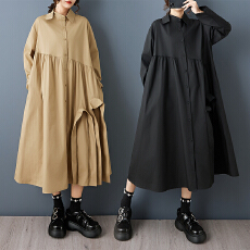 批发实拍春秋新款宽松大码花边中长款文艺复古长袖<b class='q'>衬衣</b><b class='q'>连衣裙</b>