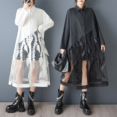 批发实拍<b class='q'>春秋</b>新款宽松大码印花网纱拼接休闲甜美长袖衬衫<b class='q'>连衣裙</b>