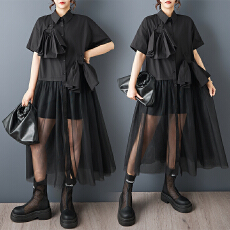 实拍夏新款宽松大码网纱拼接休闲甜美短袖衬衫连衣裙