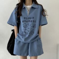 批发美式复古时尚<b class='q'>运动服</b>套装女夏季新款宽松<b class='q'>短袖</b>短裤休闲两件套