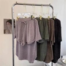 批发冰丝螺纹新款<b class='q'>运动</b>套装T恤<b class='q'>短裤</b>套装<b class='q'>女</b>夏季短袖两件套潮