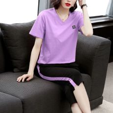 批发短袖套装女装2026夏季新款妈妈v领休闲套装<b class='q'>大码</b>胖mm遮肚子<b class='q'>运动服</b>