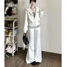 批发早秋纯欲风辣妹三件套连帽卫衣修身条纹抹胸高腰微喇叭<b class='q'>裤</b>