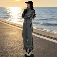 批发仿棉斜纹拉架250克<b class='q'>春</b>秋季新款时尚休闲套装女卫衣阔腿裤两件套