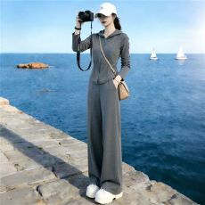 批发新款高级灰拉链连帽休闲运动套<b class='q'>装</b><b class='q'>女</b>气质修身显瘦阔腿裤外<b class='q'>穿</b>两件套