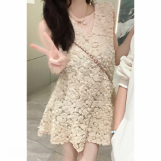 批发法式浪漫风蕾丝镂空无袖背心<b class='q'>连衣裙</b>女2026夏季新款收腰显瘦A字裙