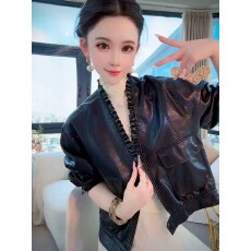 批发轻奢气质设计感木耳边复古皮衣外套2025早<b class='q'>秋</b>新款休闲短款夹克上衣