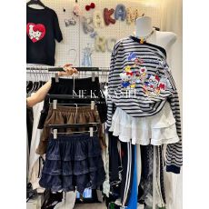 批发树皮绒白色半身裙2025秋冬款少女感洛丽塔木耳边拼接A字<b class='q'>短裙</b>