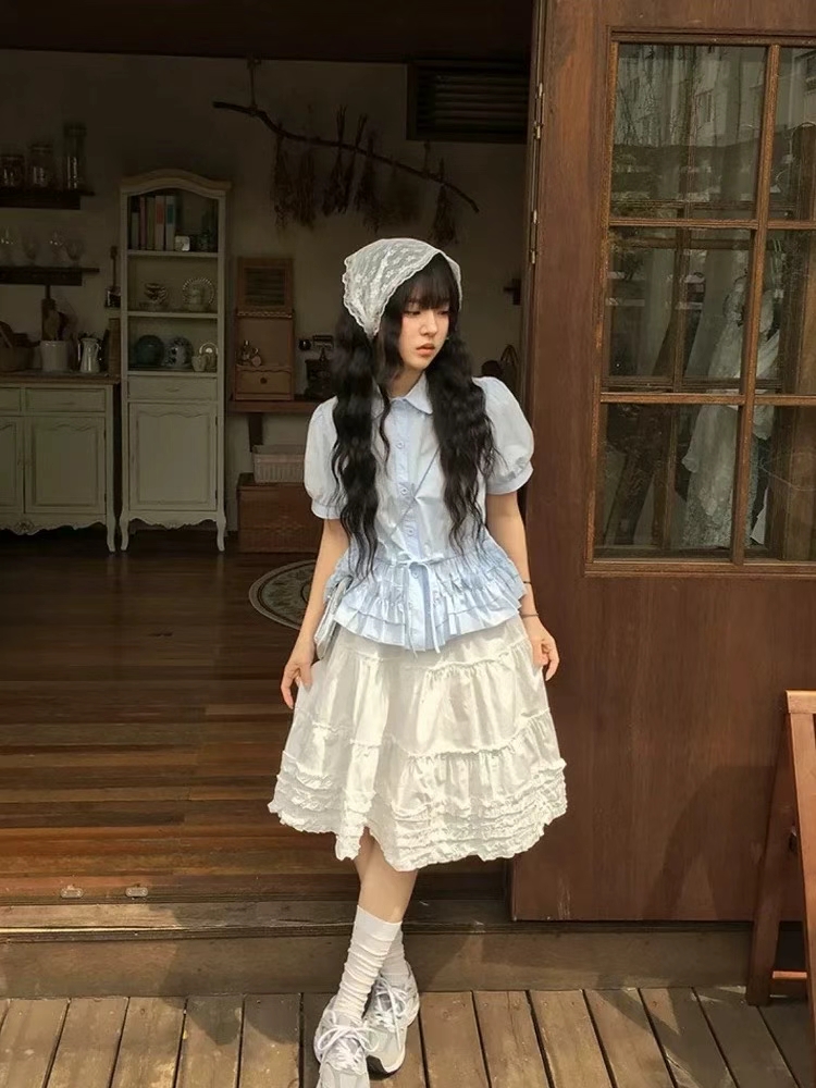 loveheynew 미니멀리즘 단색 프릴 반신 스커트 여성 이른 가을 부드러운 달콤함 하이웨이스트 다용도 중간 길이 스커트