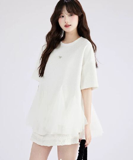 lyrccoa 공식 승인 망사 패치워크 핫픽스 라운드 넥 반팔 t