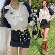 批发2026夏季新款韩版高腰短款立领防晒衣拼接撞色贴标宽松通勤簿外套