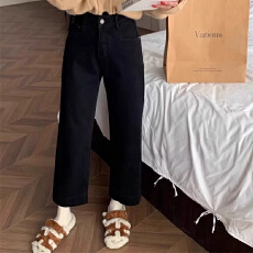 批发春季新款黑色九分直筒大码女裤胖mm梨型身材显瘦<b class='q'>弹力</b>阔腿<b class='q'>牛仔裤</b>子