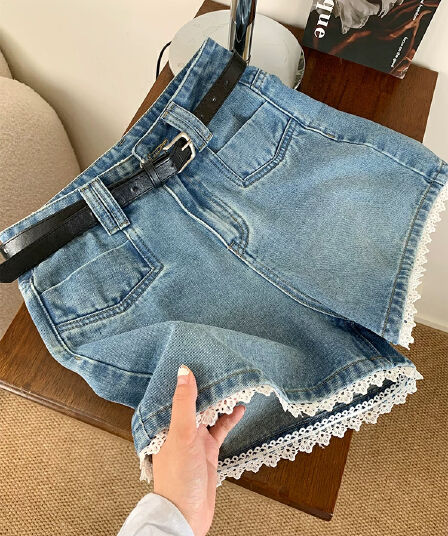 파란색 레이스 레이스 하이웨이스트 데님 반바지 여성 여름 새로운 빅 사이즈 캐주얼 루즈핏 슬림해 보이는 넓은 다리 한 마디 바지