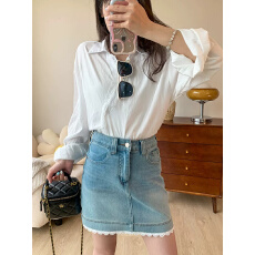 批发蕾丝拼接牛仔半身裙女春季新款大码胖mm梨型身材高腰显瘦a字短裙