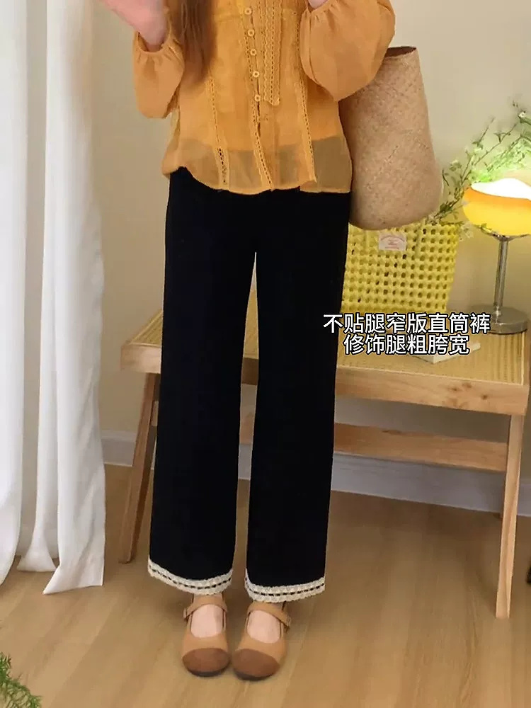 검정색 레이스 캐주얼 바지 여성 2026 봄 새로운 통통한 여동생 mm 몸매 가꾸기 슬림해 보이는 신축성 9 포인트 스트레이트 바지