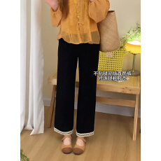 批发黑色花边休闲裤女2026春季新款胖妹妹mm修身显瘦弹力<b class='q'>九分</b>直筒裤子