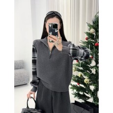 批发假日派对 甜酷格纹拼接<b class='q'>假两件</b>毛衣女2026春季设计感针织马甲<b class='q'>衬衫</b>