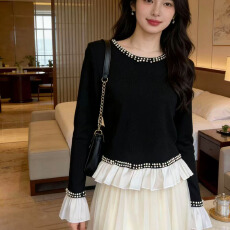 批发荷叶花边拼接下摆撞色设计感精致洋气圆领钉珠针织衫春秋新款上衣