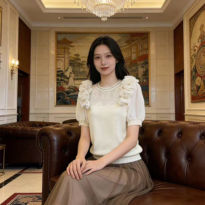 국경 간 대외 무역 싱글 오리지널 디자인 센스 홀로우 아웃 패치워크 레이스 꽃 반팔 티셔츠 여성