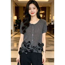 批发设计感镂空圆领开衫凉爽透气气质蝴蝶结装饰短袖针织毛衫上衣<b class='q'>女</b>