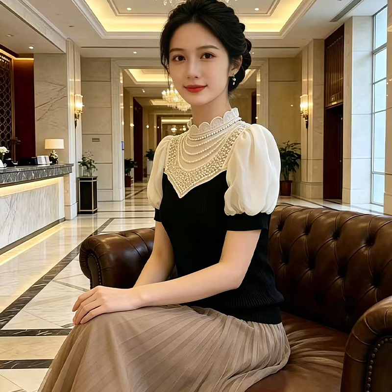 빛 럭셔리 우아함 바람 여름 무거운 작업 고급 비즈 박기 스탠드 칼라 쉬폰 품격 니트 패치워크 디자인 센스 맨위 여성