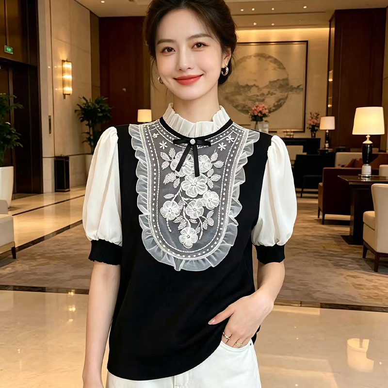 오리지널 디자인 빛 럭셔리 절묘한 프릴 다이아몬드 세팅 비즈 박기 구슬 니트 스웨터 여성 거품 소매 3 차원 꽃 맨위