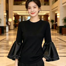 批发<b class='q'>原创</b>GAO级定制<b class='q'>设计</b>师款喇叭袖T恤气质轻奢名媛上衣