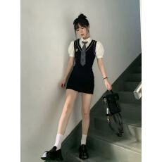 批发秋季穿搭韩系衬衫连衣裙收腰叠穿包臀针织背心裙子两件套装学院风