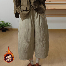 批发2025冬季新款宽松大码文艺日系松紧腰压线竖条棉裤显瘦百搭阔腿<b class='q'>裤</b>