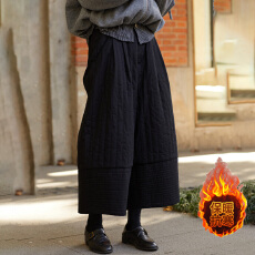 批发2025冬季新款阔腿宽松大码显瘦百搭八分夹棉加厚保暖黑色拼接棉裤