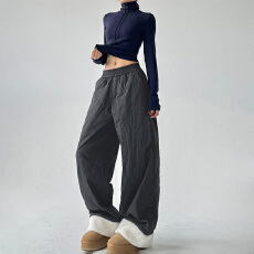 批发摇粒绒加棉保暖棉裤女秋冬2025新款高腰直筒休闲深灰毛绒阔腿裤子