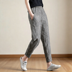 批发2026夏季新款<b class='q'>哈伦裤</b>棉麻女裤竖条纹亚麻裤宽松大码女九分裤休闲裤