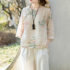 批发2026夏季新中式苎麻宽松女上衣设计小众圆领禅意复古棉麻大码衬衫