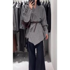 批发不规则翻领长袖外套女秋冬韩系穿搭收腰显瘦设计感中长款针织<b class='q'>上衣</b>